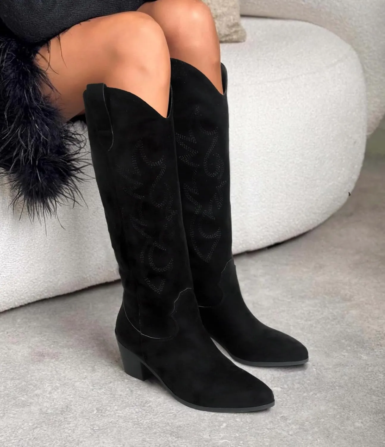 STALOV Cowboy Boots for Women,Western Pointed Toe Chunky Heel Pull-On Knee High Cowgirl Boots Fashion Embroidered Tall