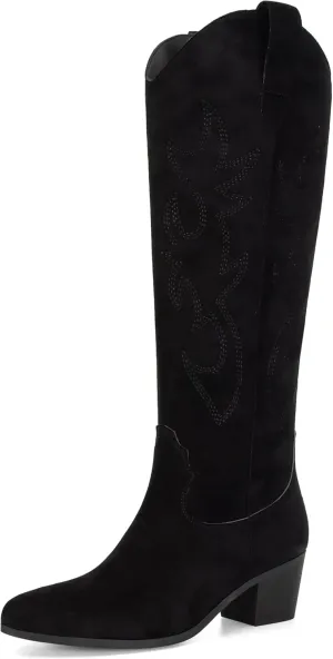 STALOV Cowboy Boots for Women,Western Pointed Toe Chunky Heel Pull-On Knee High Cowgirl Boots Fashion Embroidered Tall