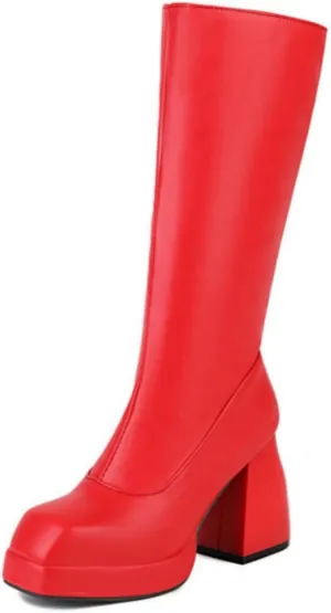 STALOV Platform Gogo Boots for women Knee High Square Toe Tall Boots Block Chunky Heel Stretchy Leather Long Boots