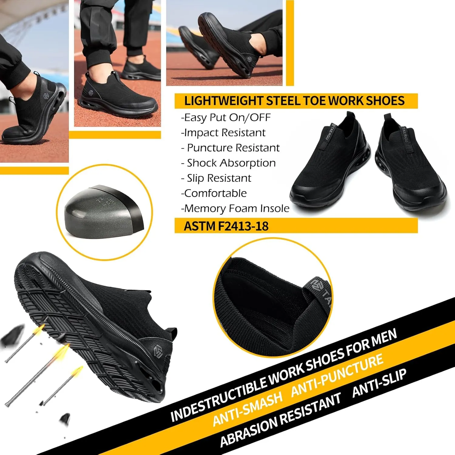 Steel Toe Shoes Men Lightweight Comfortable Work Shoes Slip On Safety Shoe Walking Sneakers Puncture Proof Loafers