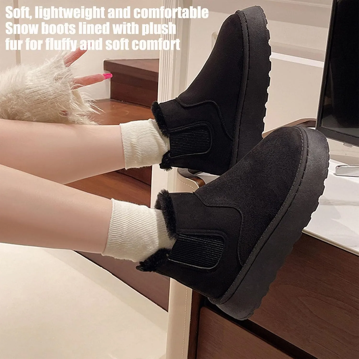 Suede Platform Snow Boots for Women, AirCloudies Warm Fur Lined Winter Slip-On Thick-Soled Ankle Booties