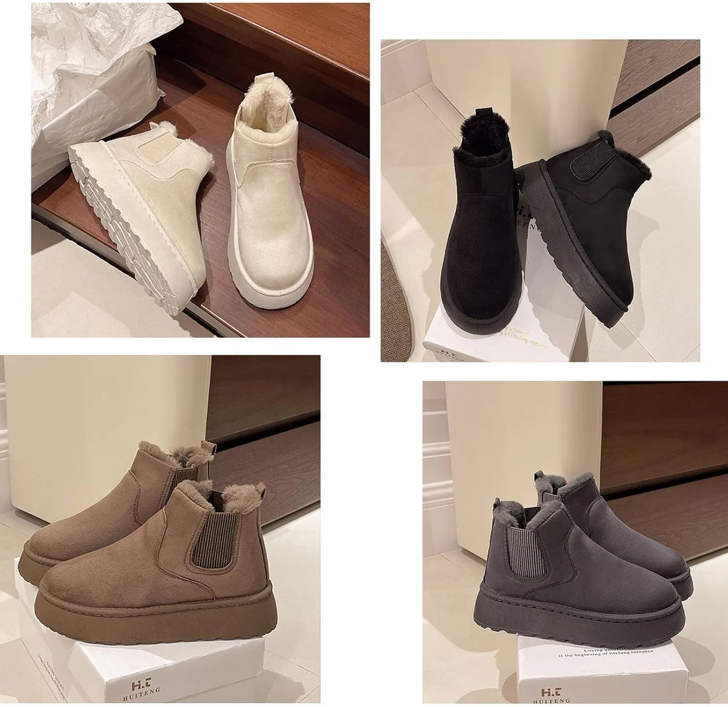 Suede Platform Snow Boots for Women, AirCloudies Warm Fur Lined Winter Slip-On Thick-Soled Ankle Booties