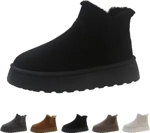 Suede Platform Snow Boots for Women, AirCloudies Warm Fur Lined Winter Slip-On Thick-Soled Ankle Booties
