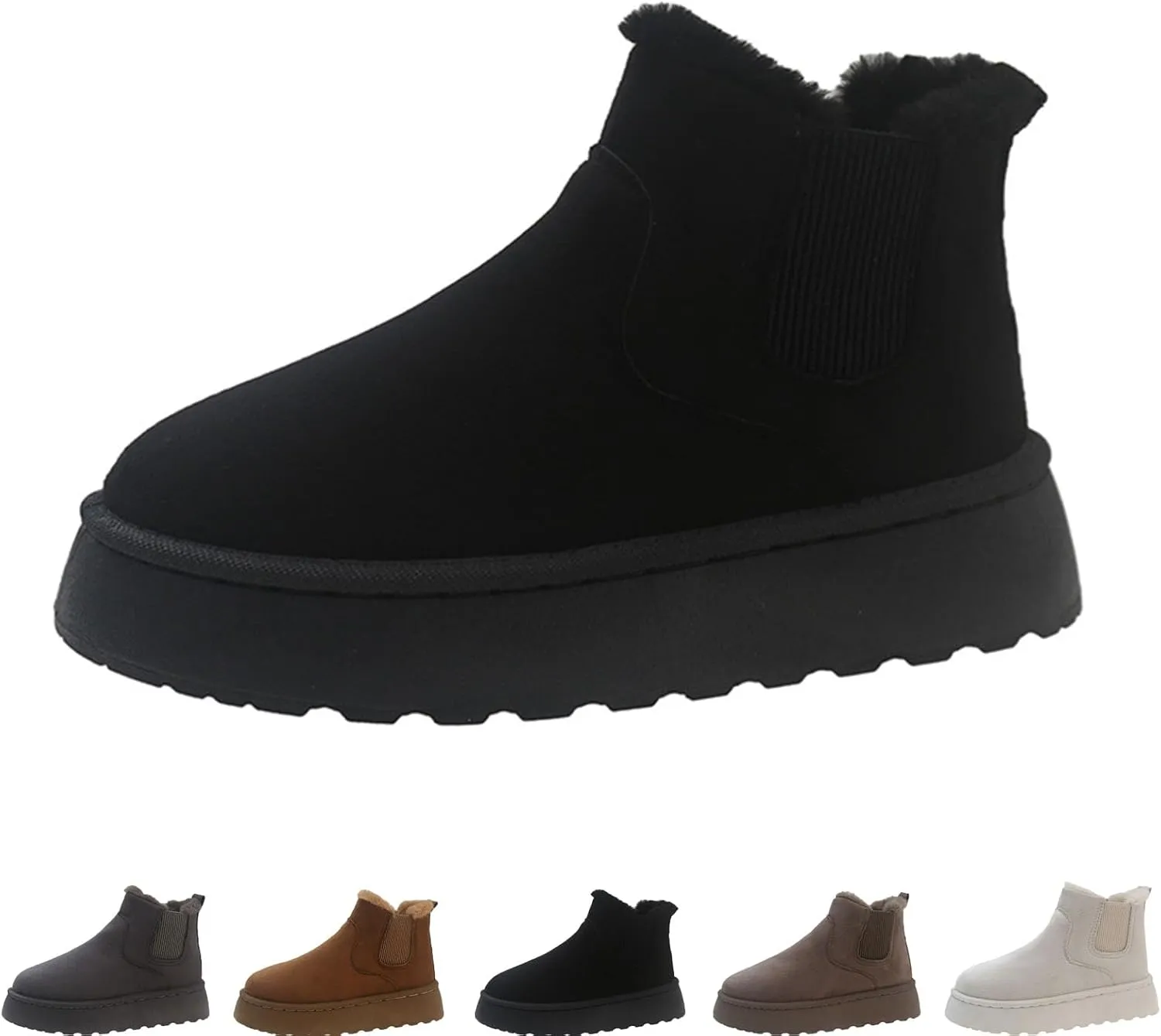 Suede Platform Snow Boots for Women, AirCloudies Warm Fur Lined Winter Slip-On Thick-Soled Ankle Booties