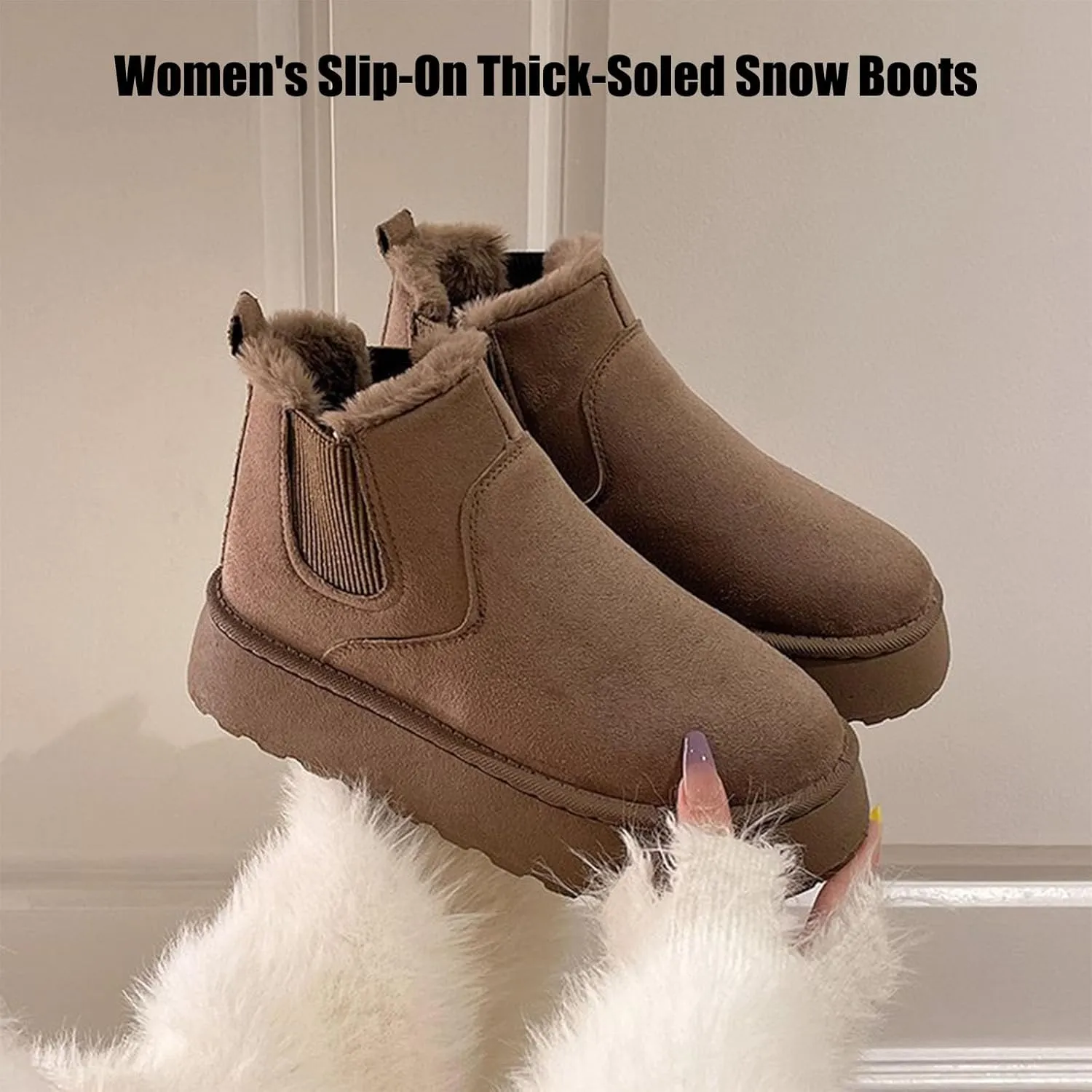 Suede Platform Snow Boots for Women, AirCloudies Warm Fur Lined Winter Slip-On Thick-Soled Ankle Booties
