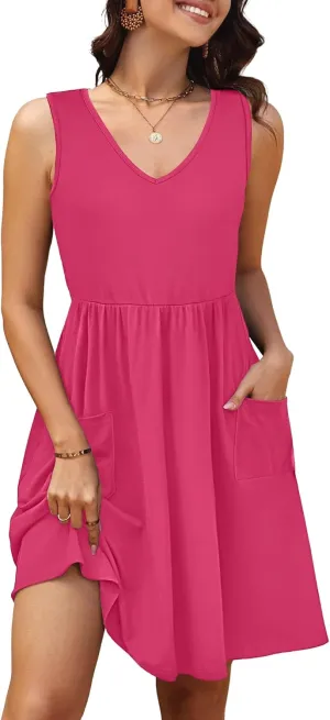 Summer Casual Midi Dresses for Women 2025 Vacation- Womens Sleeveless Knee Length Sundress with Pockets Loose Fit