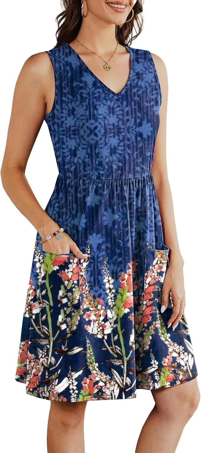 Summer Casual Midi Dresses for Women 2025 Vacation- Womens Sleeveless Knee Length Sundress with Pockets Loose Fit