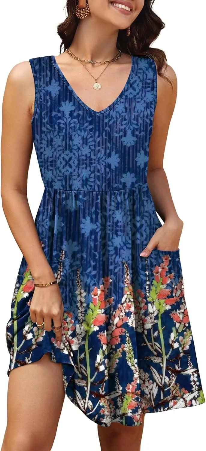 Summer Casual Midi Dresses for Women 2025 Vacation- Womens Sleeveless Knee Length Sundress with Pockets Loose Fit