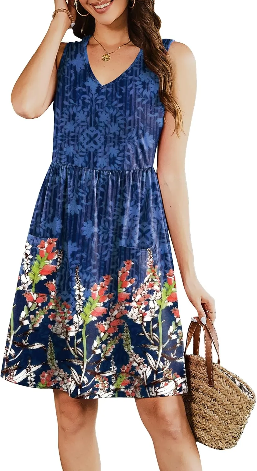 Summer Casual Midi Dresses for Women 2025 Vacation- Womens Sleeveless Knee Length Sundress with Pockets Loose Fit