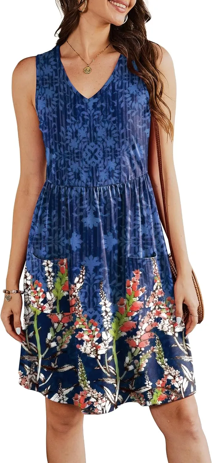 Summer Casual Midi Dresses for Women 2025 Vacation- Womens Sleeveless Knee Length Sundress with Pockets Loose Fit