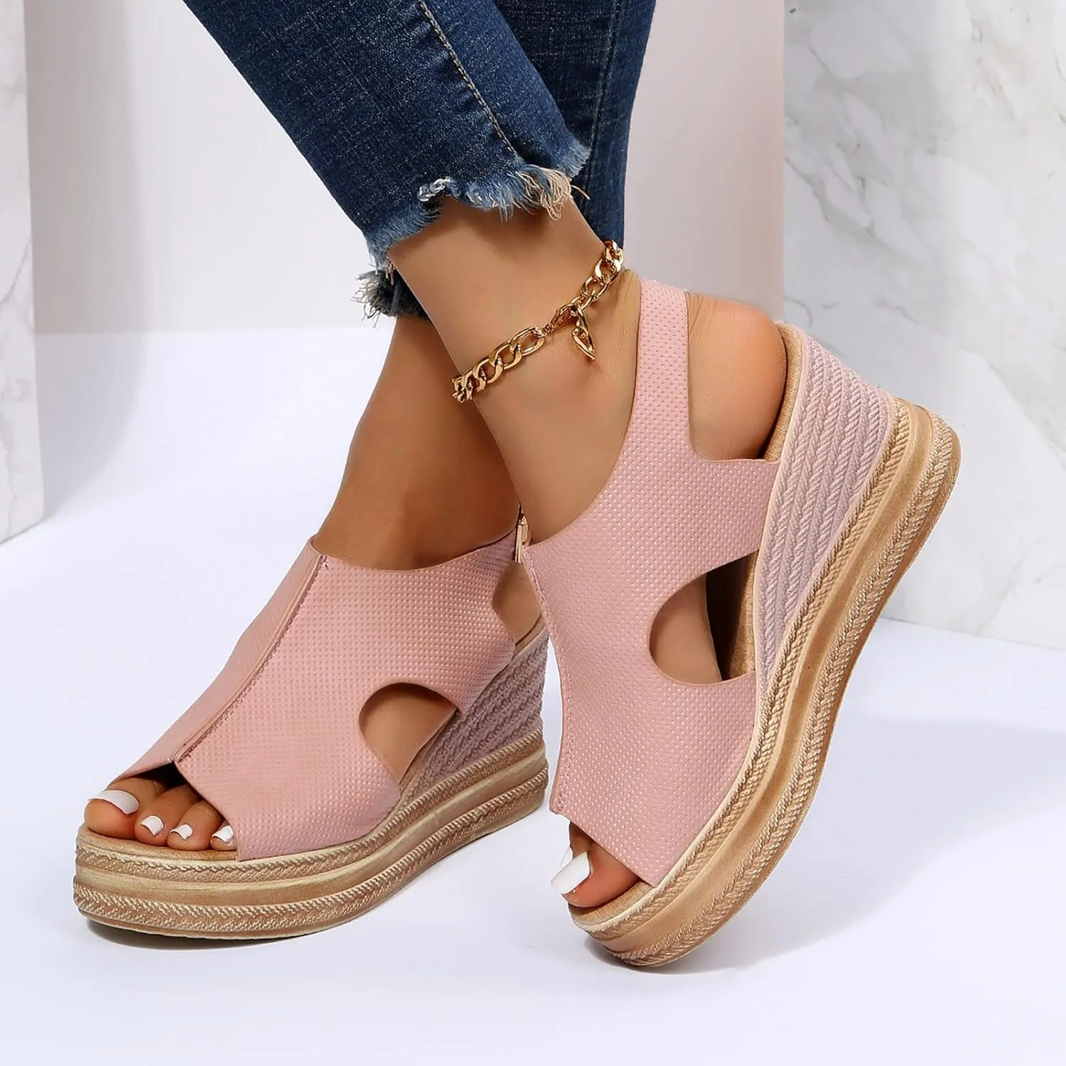 Summer Sandals for Women Open Toe Adjustable Ankle Strap High Heels Sandal Chunky Plat Bottom Dressy Casual Beach Sandals