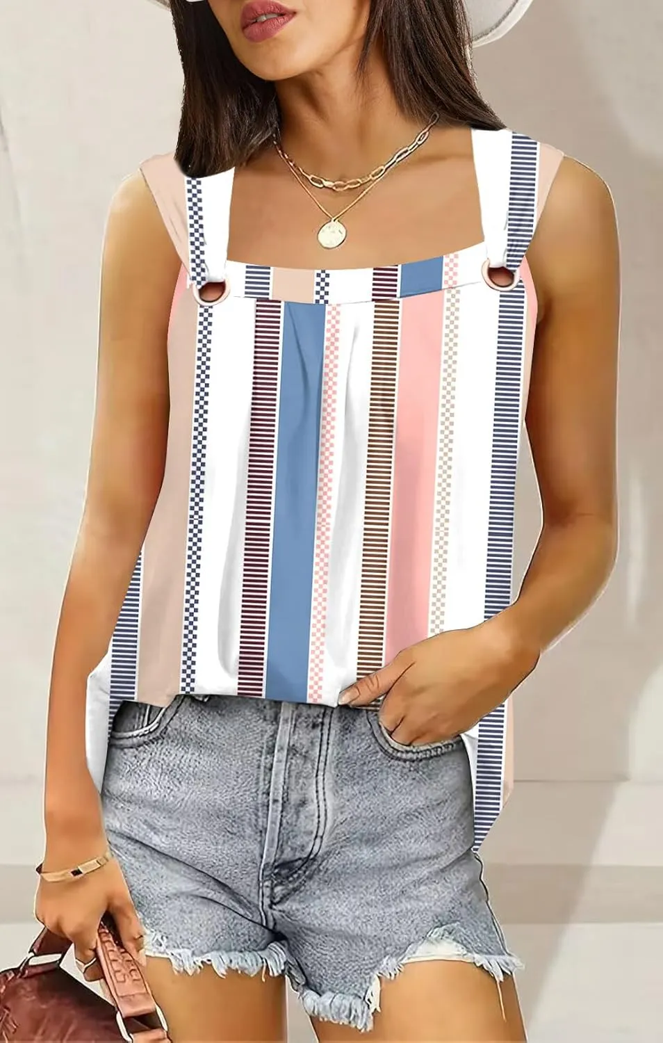 Summer Tank Tops for Women Pleated Square Neck O Ring Shoulder Sleeveless Shirts Casual Loose Fit Trendy Blouses