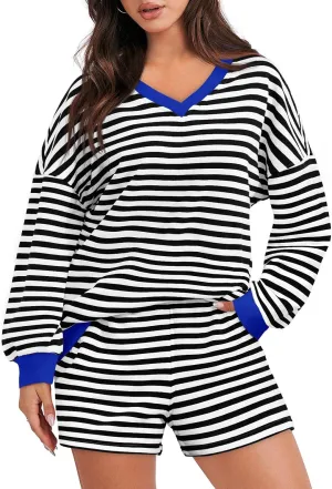 Tankaneo Womens 2 Piece Striped Outfits Casual V Neck Long Sleeve Oversized Sweatshirt and Drawstring Shorts Matching Sets