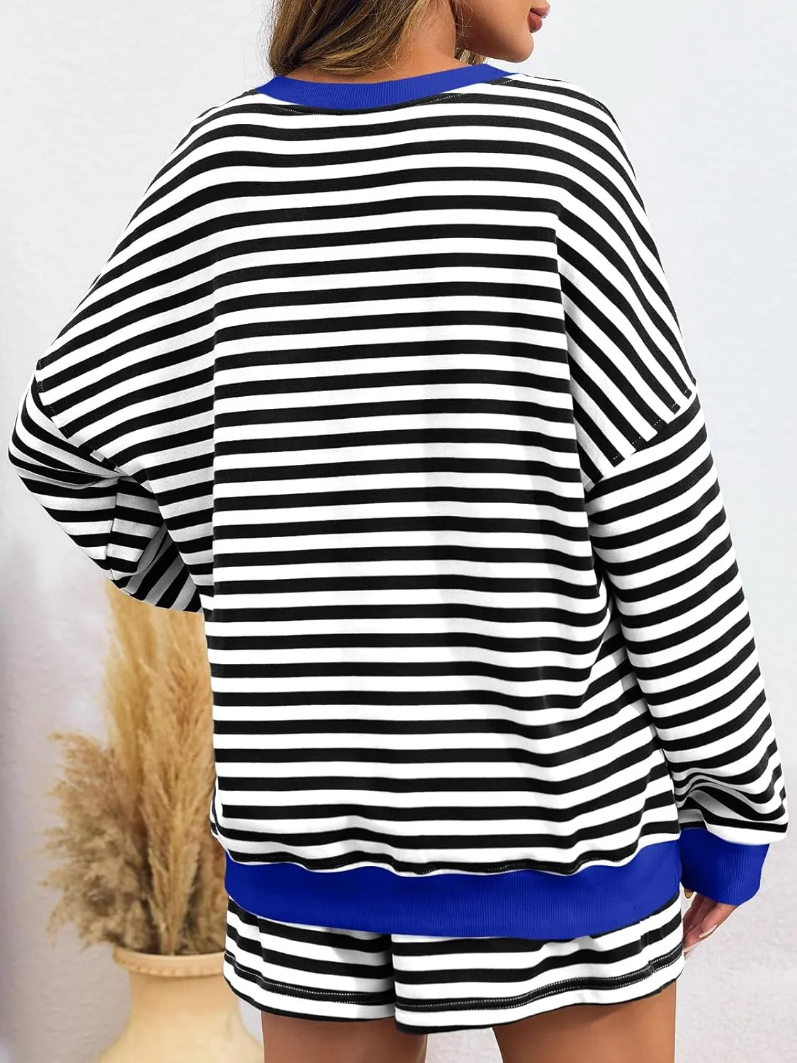 Tankaneo Womens 2 Piece Striped Outfits Casual V Neck Long Sleeve Oversized Sweatshirt and Drawstring Shorts Matching Sets