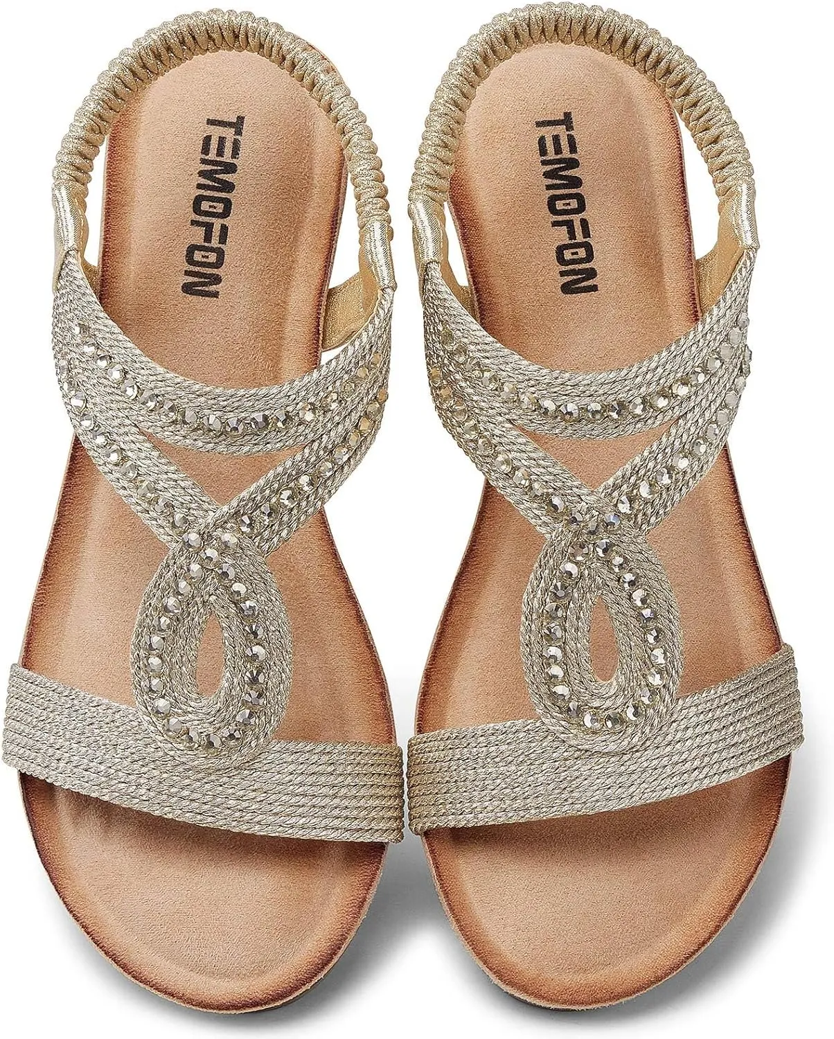 TEMOFON Wedge Sandals for Women Dressy: Low Wedge Sandals Women Comfortable Dressy Walking - Summer Casual Elastic Strappy Open Toe Rhinestone Shoes