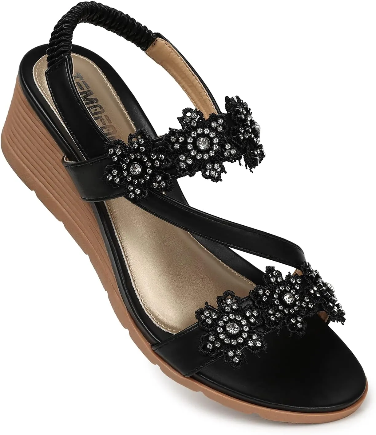 TEMOFON Wedge Sandals for Women Dressy: Summer Open Toe Elastic Ankle Strap - Comfortable Bohemian Low Wedge Sandals