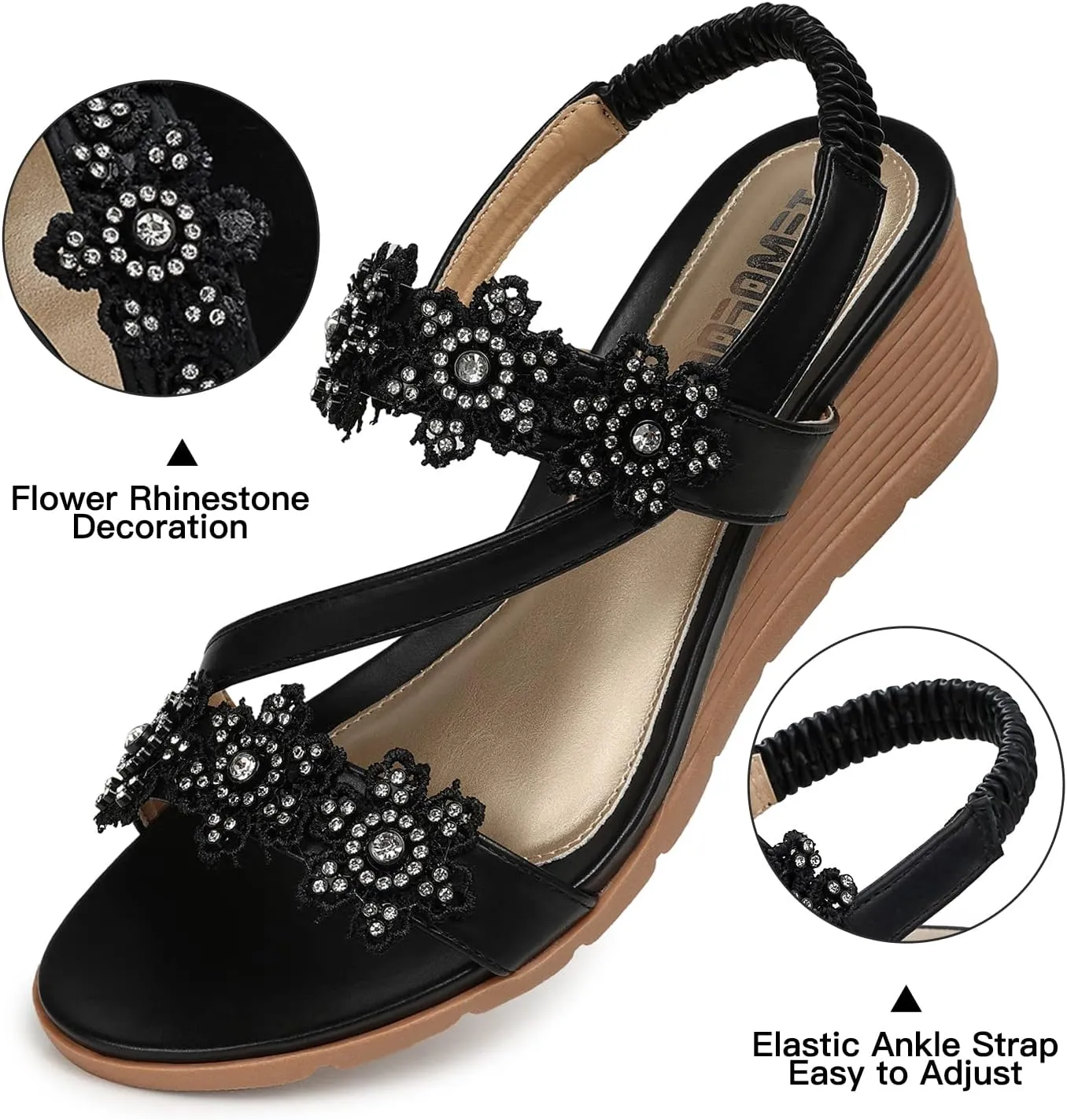 TEMOFON Wedge Sandals for Women Dressy: Summer Open Toe Elastic Ankle Strap - Comfortable Bohemian Low Wedge Sandals