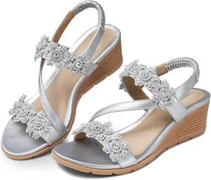 TEMOFON Wedge Sandals for Women Dressy: Summer Open Toe Elastic Ankle Strap - Comfortable Bohemian Low Wedge Sandals