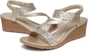 TEMOFON Wedge Sandals for Women Dressy: Summer Open Toe Elastic Ankle Strap - Comfortable Bohemian Low Wedge Sandals