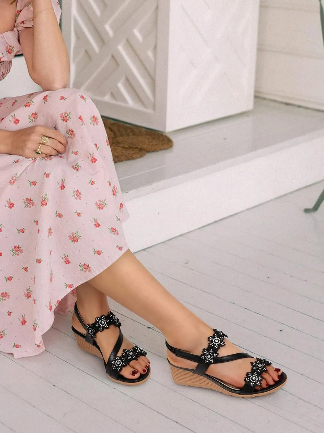 TEMOFON Wedge Sandals for Women Dressy: Summer Open Toe Elastic Ankle Strap - Comfortable Bohemian Low Wedge Sandals