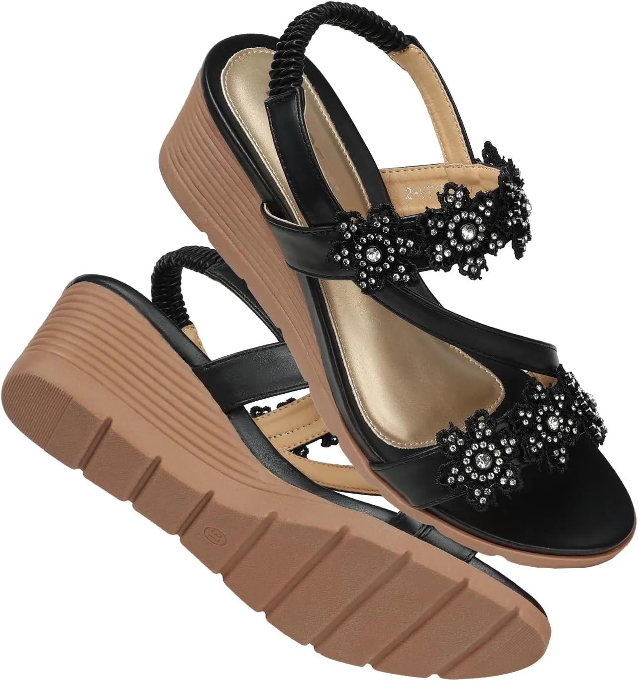 TEMOFON Wedge Sandals for Women Dressy: Summer Open Toe Elastic Ankle Strap - Comfortable Bohemian Low Wedge Sandals