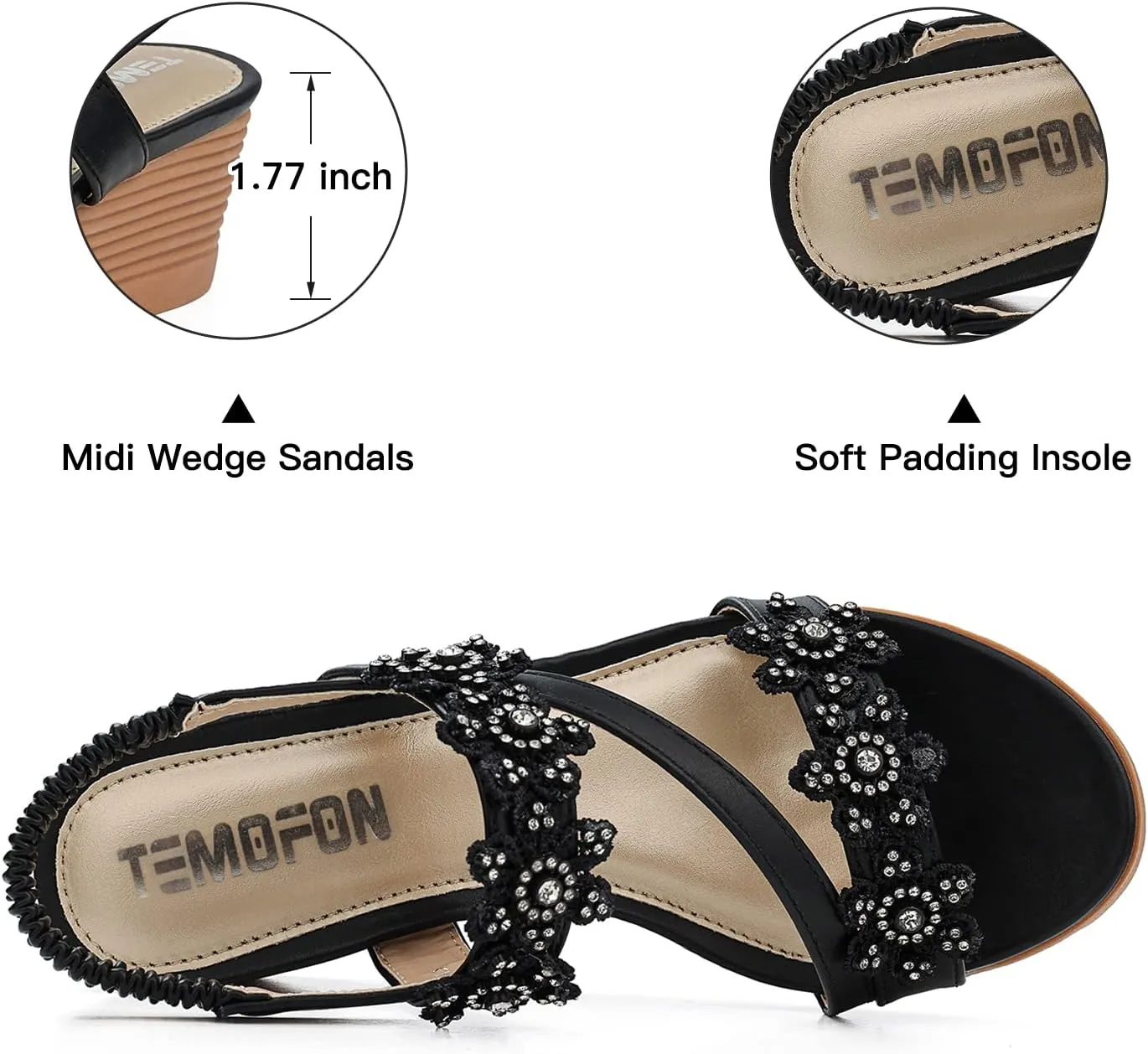 TEMOFON Wedge Sandals for Women Dressy: Summer Open Toe Elastic Ankle Strap - Comfortable Bohemian Low Wedge Sandals