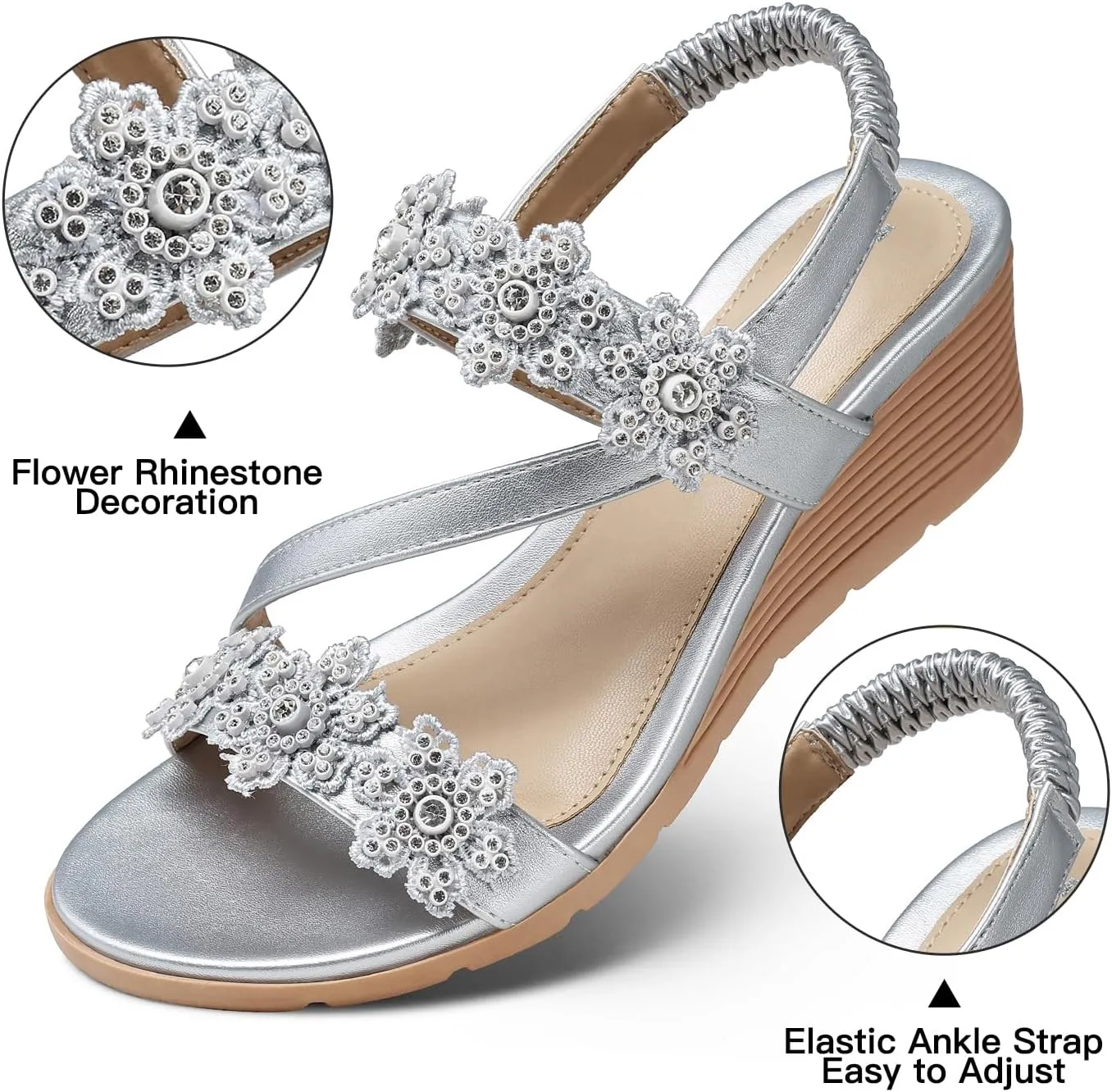TEMOFON Wedge Sandals for Women Dressy: Summer Open Toe Elastic Ankle Strap - Comfortable Bohemian Low Wedge Sandals