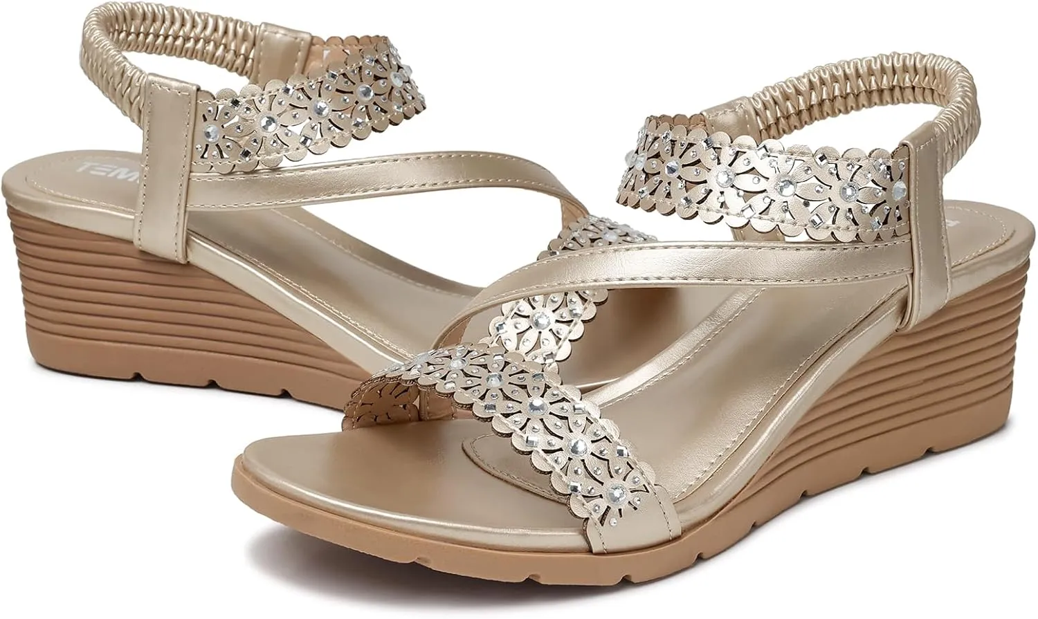 TEMOFON Wedge Sandals for Women Dressy: Summer Open Toe Elastic Ankle Strap - Comfortable Bohemian Low Wedge Sandals