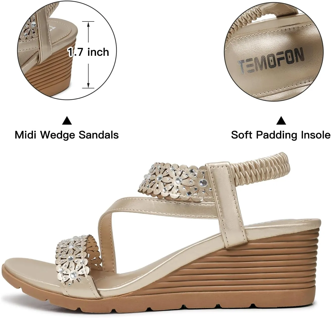 TEMOFON Wedge Sandals for Women Dressy: Summer Open Toe Elastic Ankle Strap - Comfortable Bohemian Low Wedge Sandals