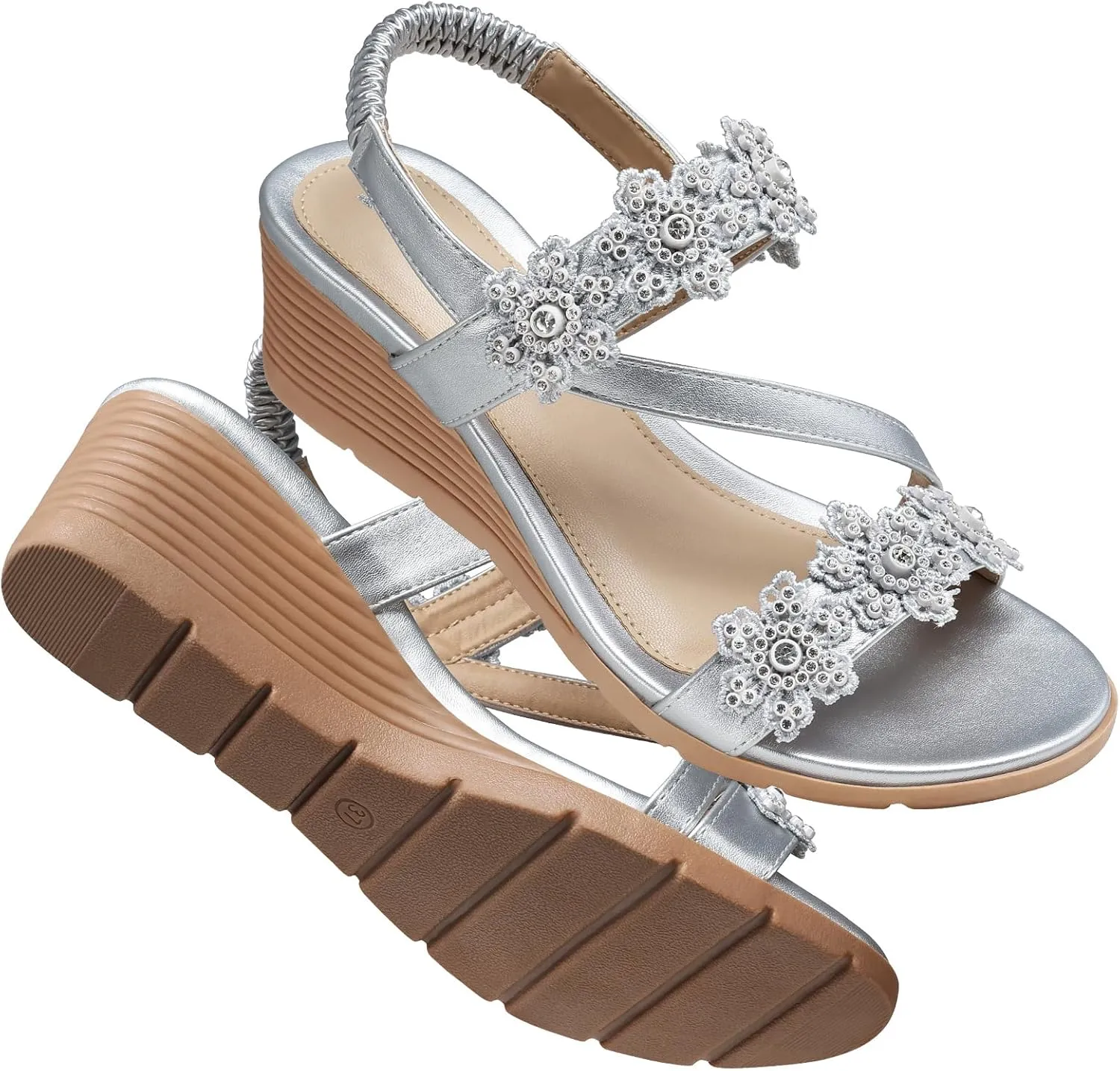 TEMOFON Wedge Sandals for Women Dressy: Summer Open Toe Elastic Ankle Strap - Comfortable Bohemian Low Wedge Sandals