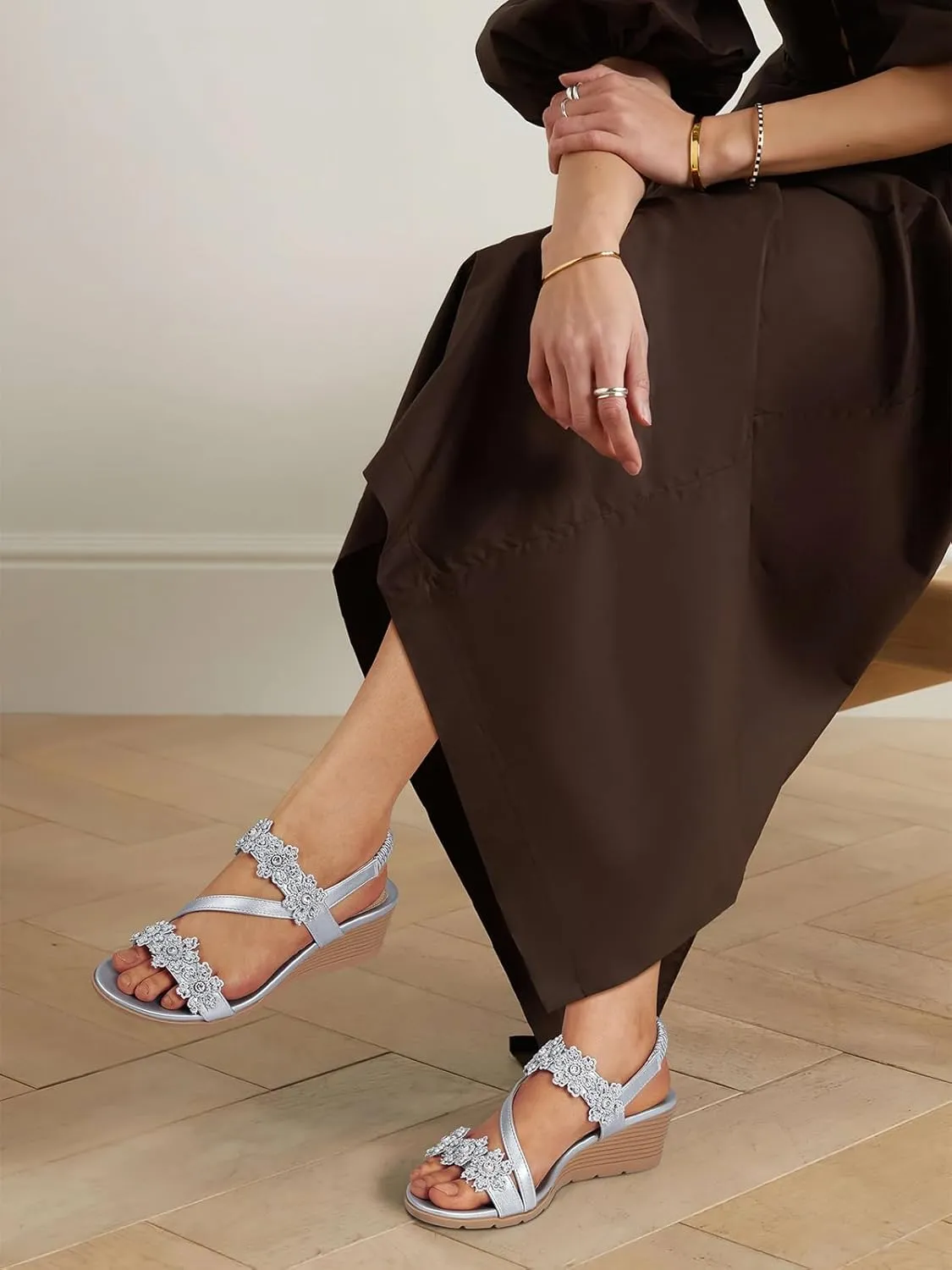 TEMOFON Wedge Sandals for Women Dressy: Summer Open Toe Elastic Ankle Strap - Comfortable Bohemian Low Wedge Sandals