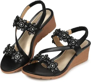 TEMOFON Wedge Sandals for Women Dressy: Summer Open Toe Elastic Ankle Strap - Comfortable Bohemian Low Wedge Sandals