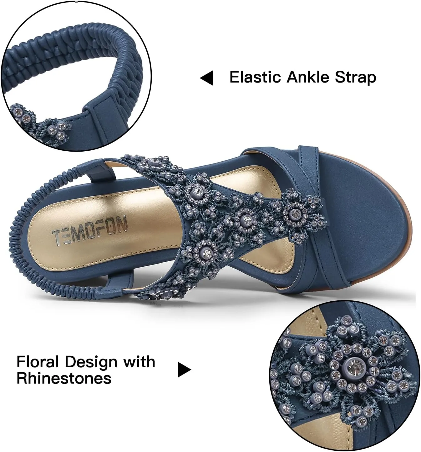 TEMOFON Women's Low Wedge Heels Summer Dressy Platform Sandals Elastic Ankle Strap Open Toe Flower Shoes