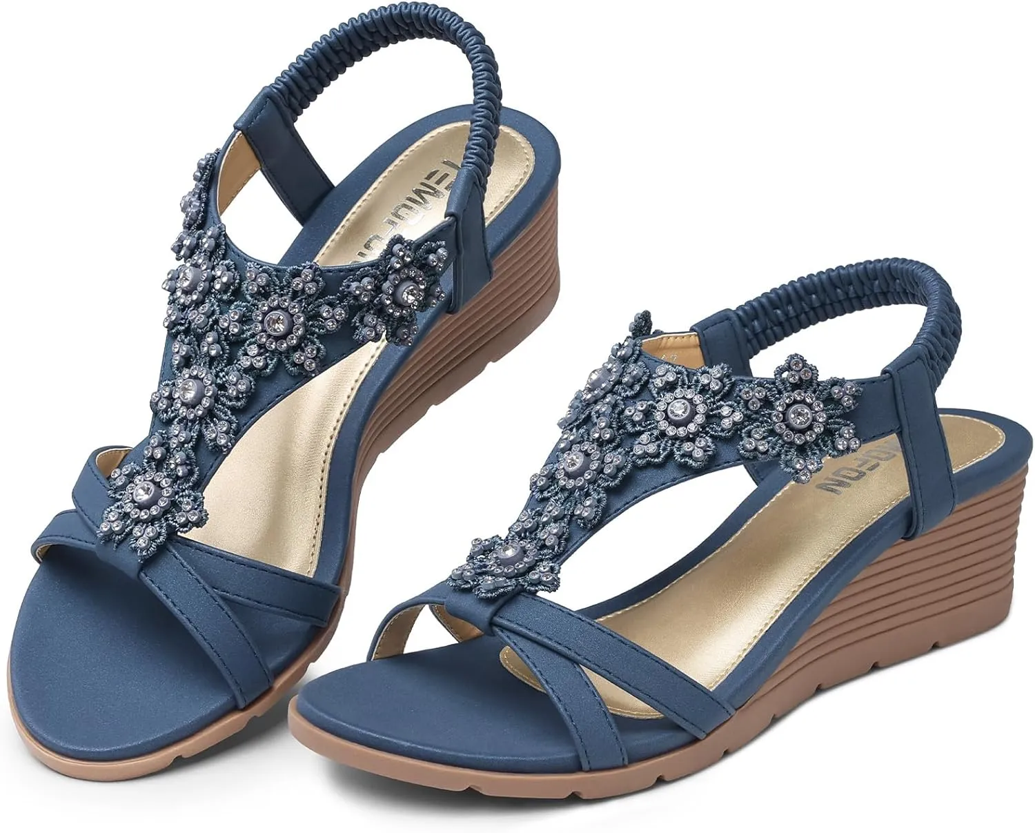 TEMOFON Women's Low Wedge Heels Summer Dressy Platform Sandals Elastic Ankle Strap Open Toe Flower Shoes