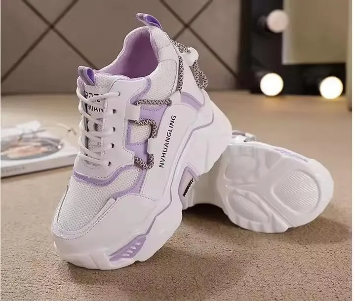 Thick Sole Sports Casual Leather Shoes for Ladies, Womens Platform Sneakers, Oxfords, Air Cushion, Lace-up, High Top, Platform, Retro, Vulcanize, Court, Walking Shoes Lilac
