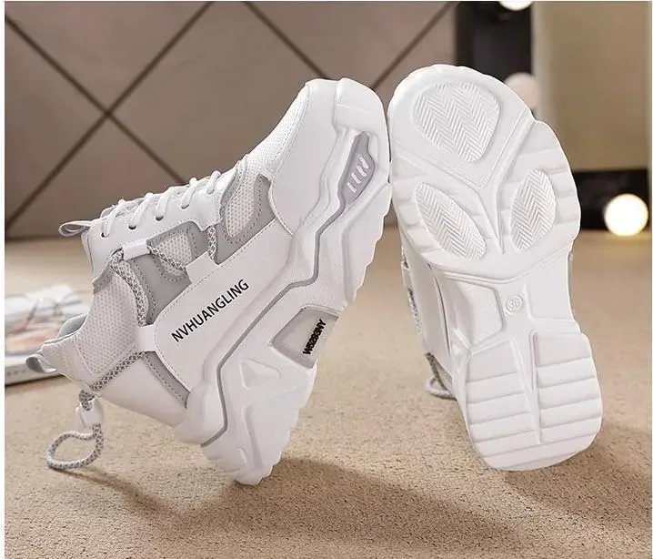 Thick Sole Sports Casual Leather Shoes for Ladies, Womens Platform Sneakers, Oxfords, Air Cushion, Lace-up, High Top, Platform, Retro, Vulcanize, Court, Walking Shoes Lilac