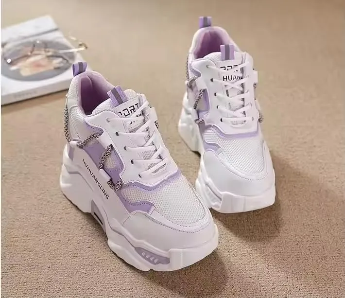 Thick Sole Sports Casual Leather Shoes for Ladies, Womens Platform Sneakers, Oxfords, Air Cushion, Lace-up, High Top, Platform, Retro, Vulcanize, Court, Walking Shoes Lilac