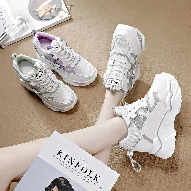 Thick Sole Sports Casual Leather Shoes for Ladies, Womens Platform Sneakers, Oxfords, Air Cushion, Lace-up, High Top, Platform, Retro, Vulcanize, Court, Walking Shoes Lilac