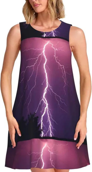 Thunderstorm Violet Purple Womens Summer Sleeveless Dresses, Loose Beach Casual Vacation Sundresses