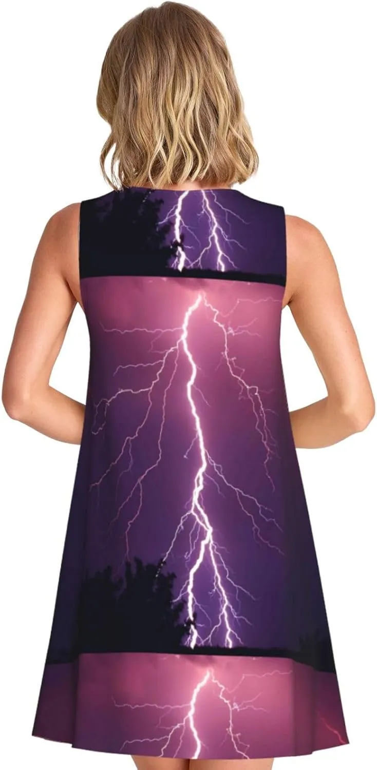 Thunderstorm Violet Purple Womens Summer Sleeveless Dresses, Loose Beach Casual Vacation Sundresses