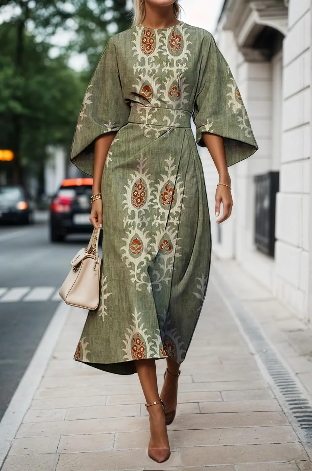 TIAFORD Women's Spring Summer Elegant Floral Print Empire Waist Dress Casual Cute Crew Neck Loose Half Sleeve Maxi Dresses