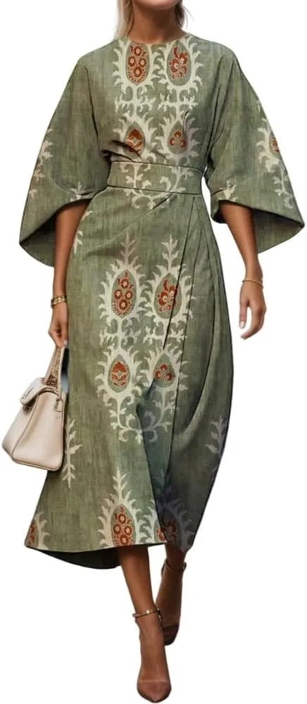 TIAFORD Women's Spring Summer Elegant Floral Print Empire Waist Dress Casual Cute Crew Neck Loose Half Sleeve Maxi Dresses