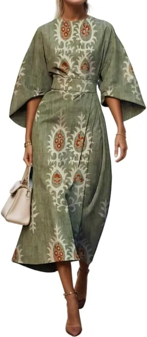 TIAFORD Women's Spring Summer Elegant Floral Print Empire Waist Dress Casual Cute Crew Neck Loose Half Sleeve Maxi Dresses