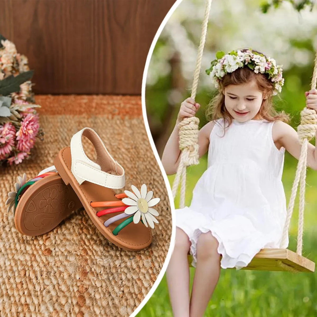 Toddler Girls Sandals Open Toe Summer Flats Flower Girl Dress Shoes for Baby Little Kids