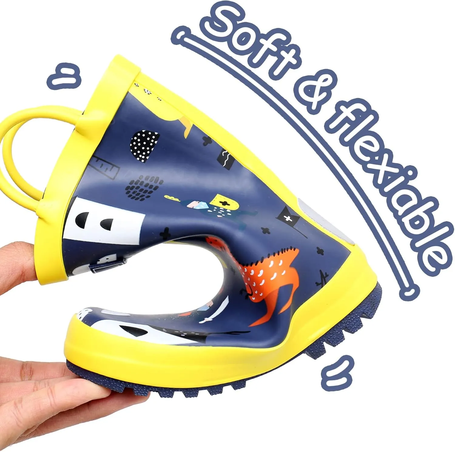 Toddler Rain Boots with Easy-On Handles, Waterproof Rubber Kids Rain Boots for Girls and Boys, in Fun Printed & Colors Unisex-Child Outdoor Rain Boots
