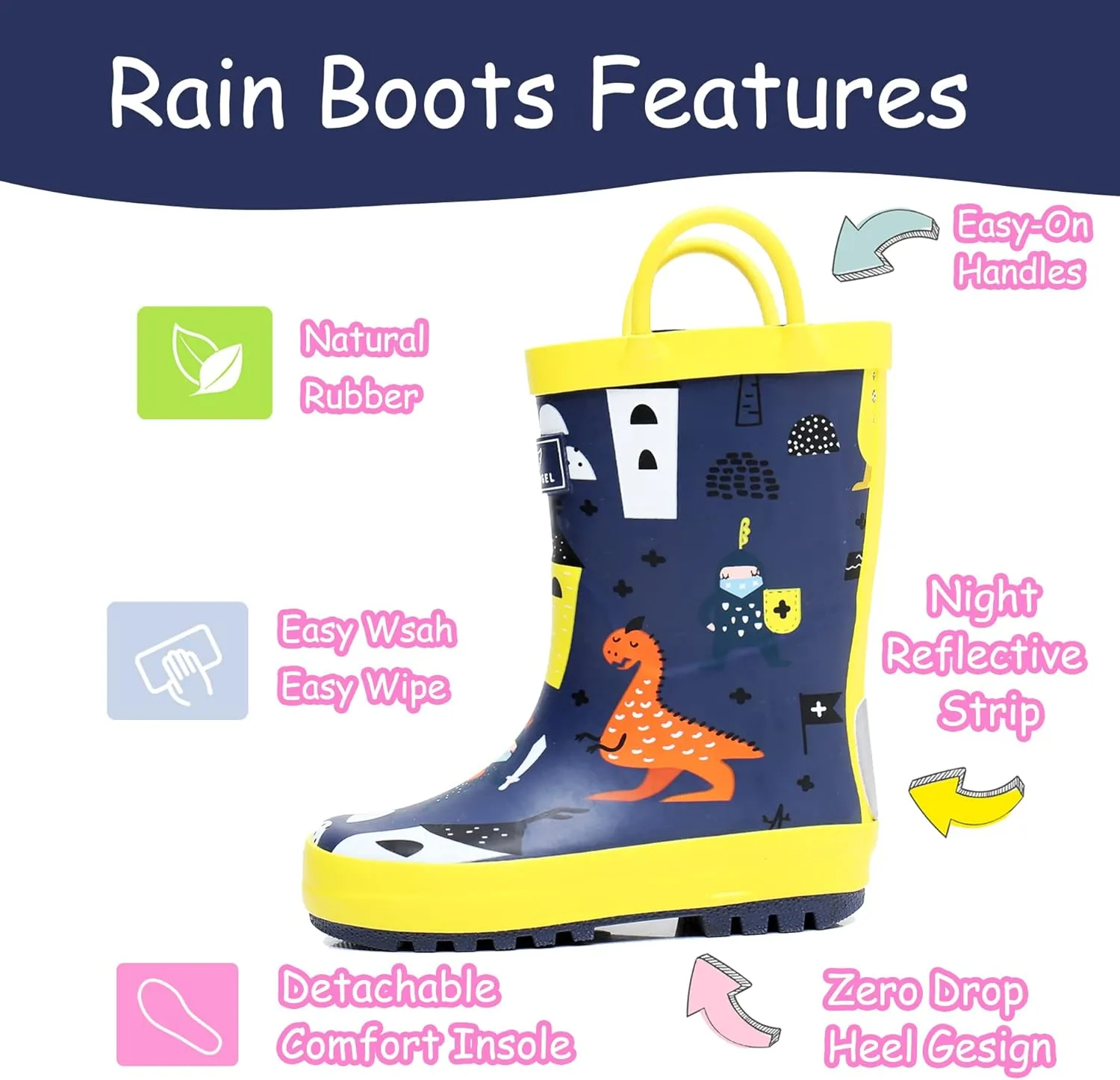 Toddler Rain Boots with Easy-On Handles, Waterproof Rubber Kids Rain Boots for Girls and Boys, in Fun Printed & Colors Unisex-Child Outdoor Rain Boots