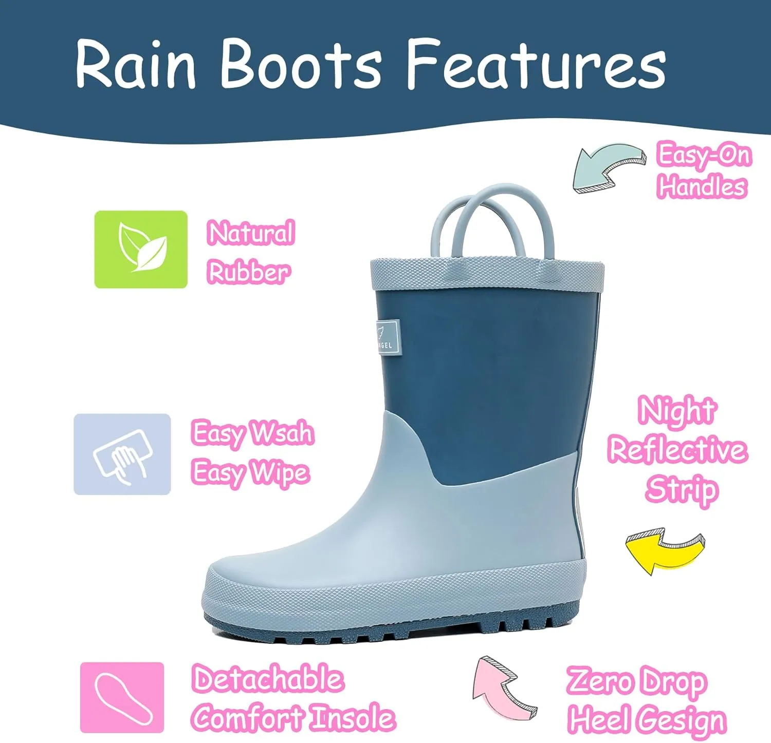 Toddler Rain Boots with Easy-On Handles, Waterproof Rubber Kids Rain Boots for Girls and Boys, in Fun Printed & Colors Unisex-Child Outdoor Rain Boots