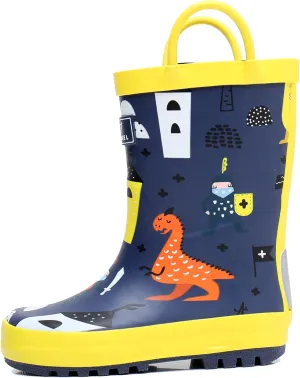 Toddler Rain Boots with Easy-On Handles, Waterproof Rubber Kids Rain Boots for Girls and Boys, in Fun Printed & Colors Unisex-Child Outdoor Rain Boots