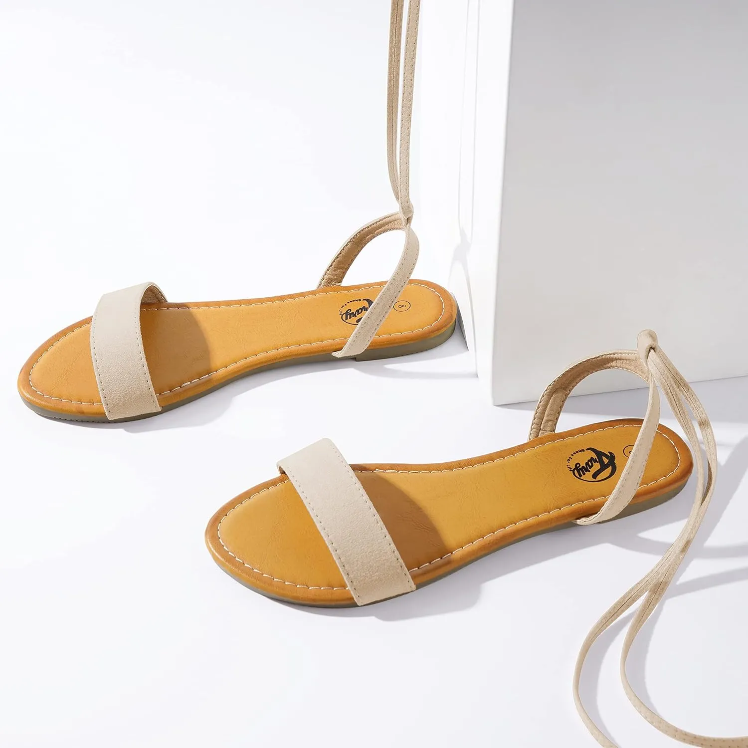 Trary Women's Lace Up Open Toe Strappy Sandals, Ankle Wrap Flat Dressy Tie Up Summer Footwear