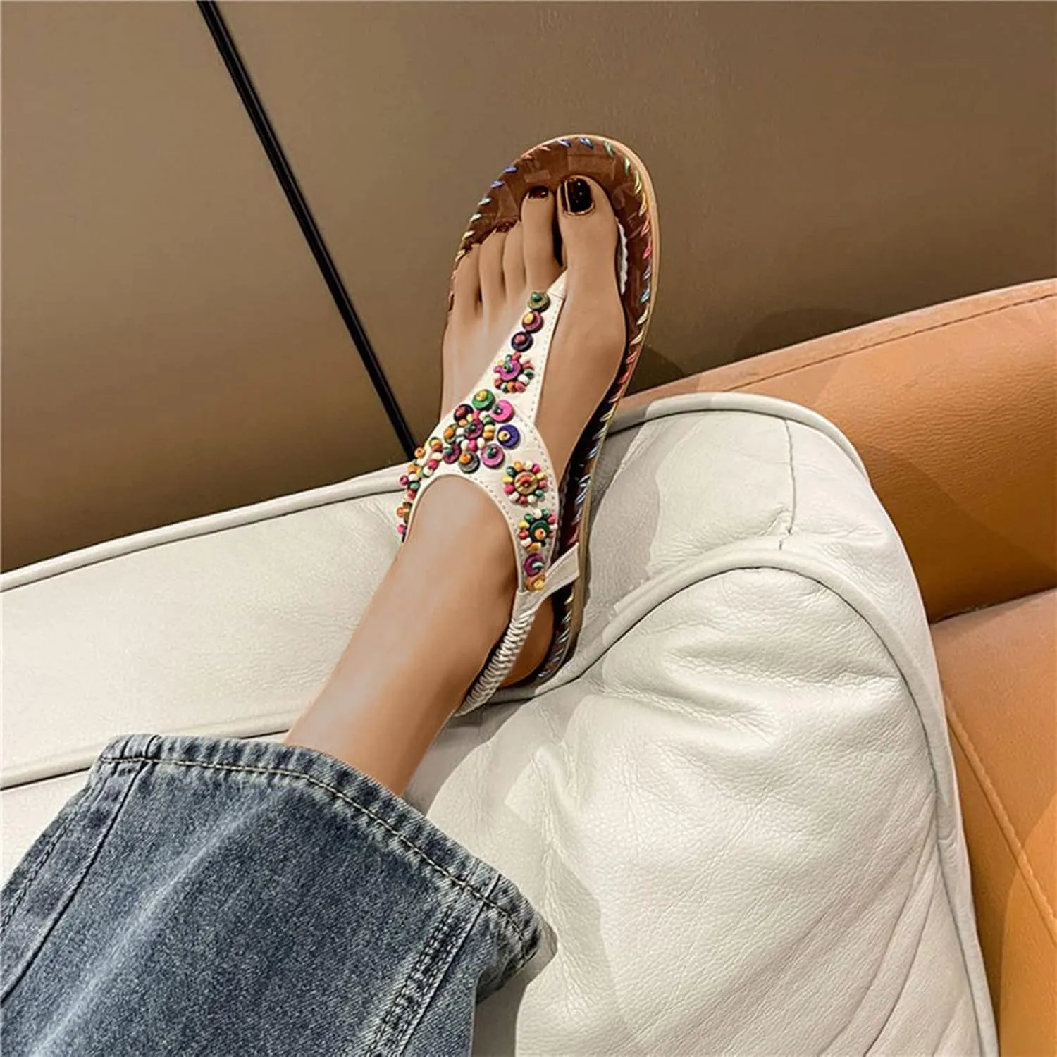 Trendy Women Bohemian Beach Flat Sandals Classic Beads T-Strap Thong Sandal with Ankle Strap for Holiday Casual Style